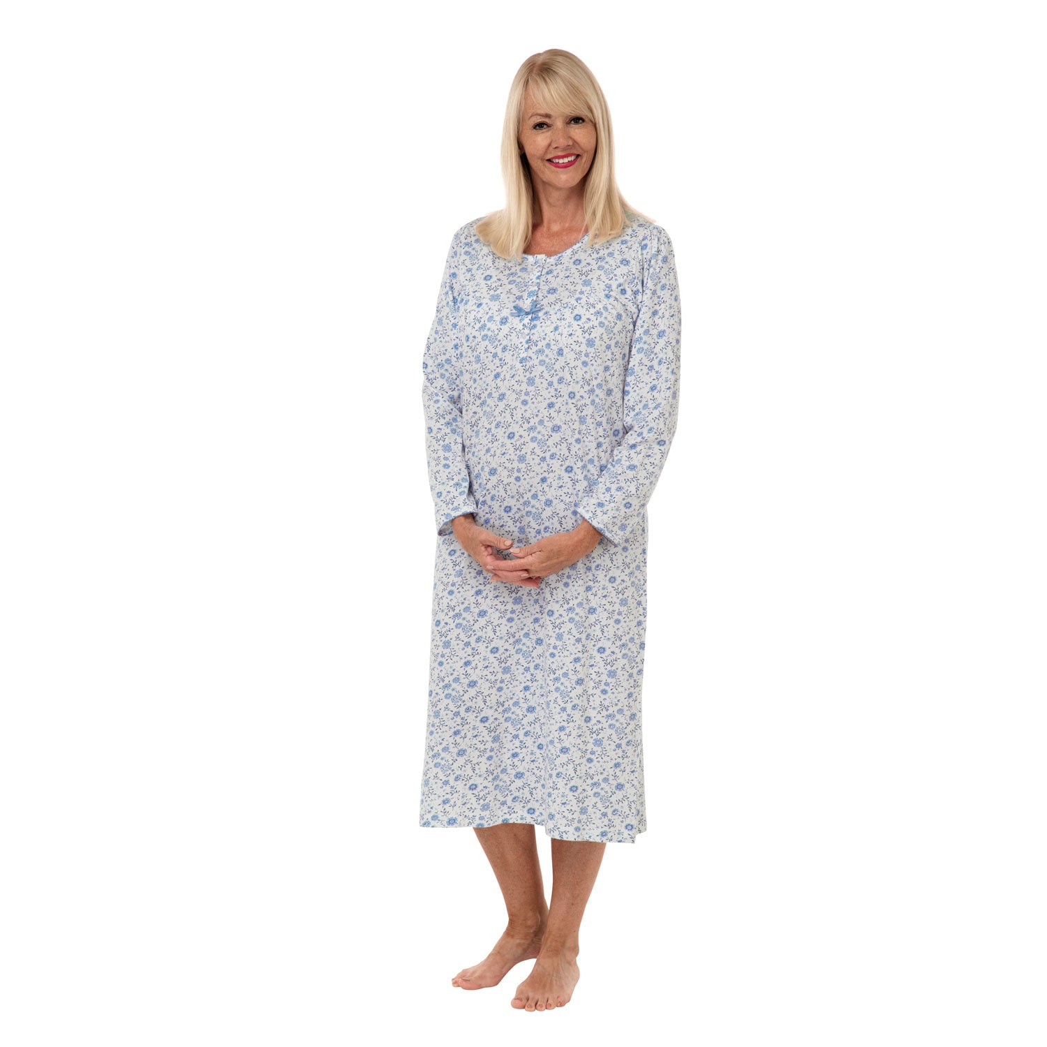 Marlon Danielle Floral Print Cotton Jersey Long Sleeve Nightdress - Denim 1 Shaws Department Stores