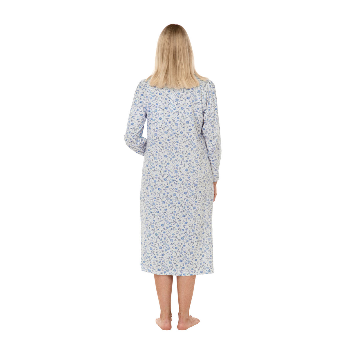 Danielle Floral Print Cotton Jersey Long Sleeve Nightdress - Denim
