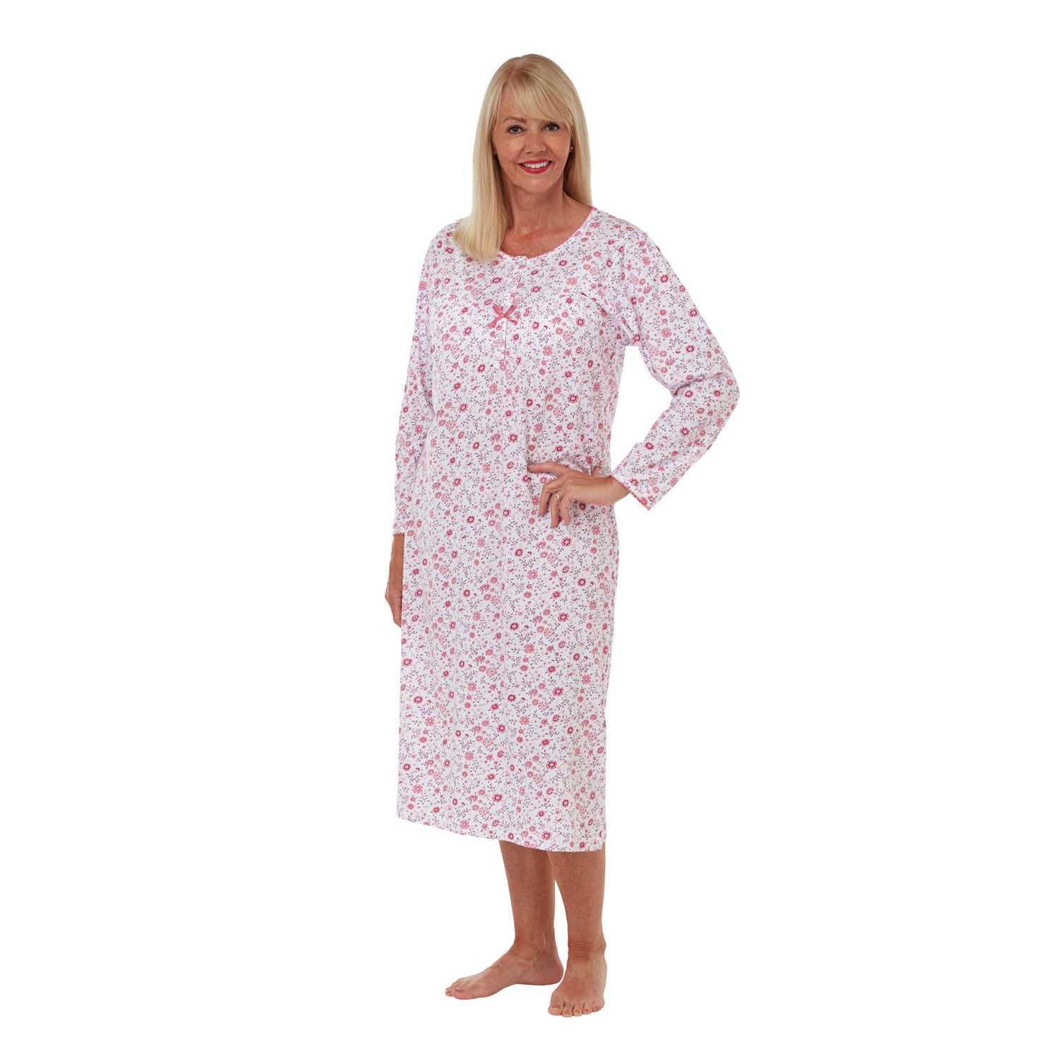 Marlon Danielle Floral Print 100% Cotton Jersey Long Sleeve Nightdress - Rose 1 Shaws Department Stores
