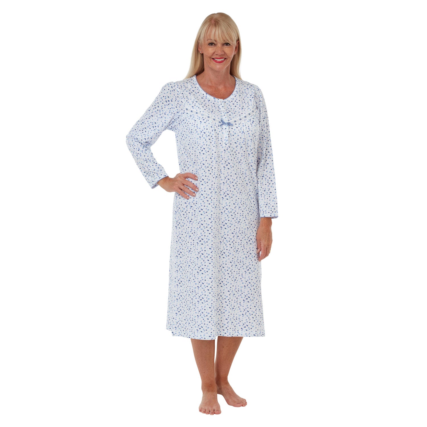 Marlon Allegra Spot Print Cotton Jersey Long Sleeve Nightdress - Denim 1 Shaws Department Stores