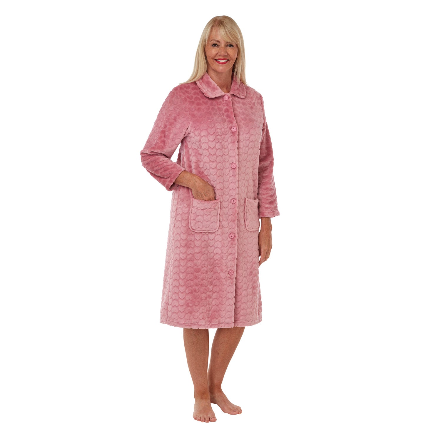 Marlon Sabrina Heart Embossed Fleece Button Through Dressing Gown - Rose 1 Shaws Department Stores