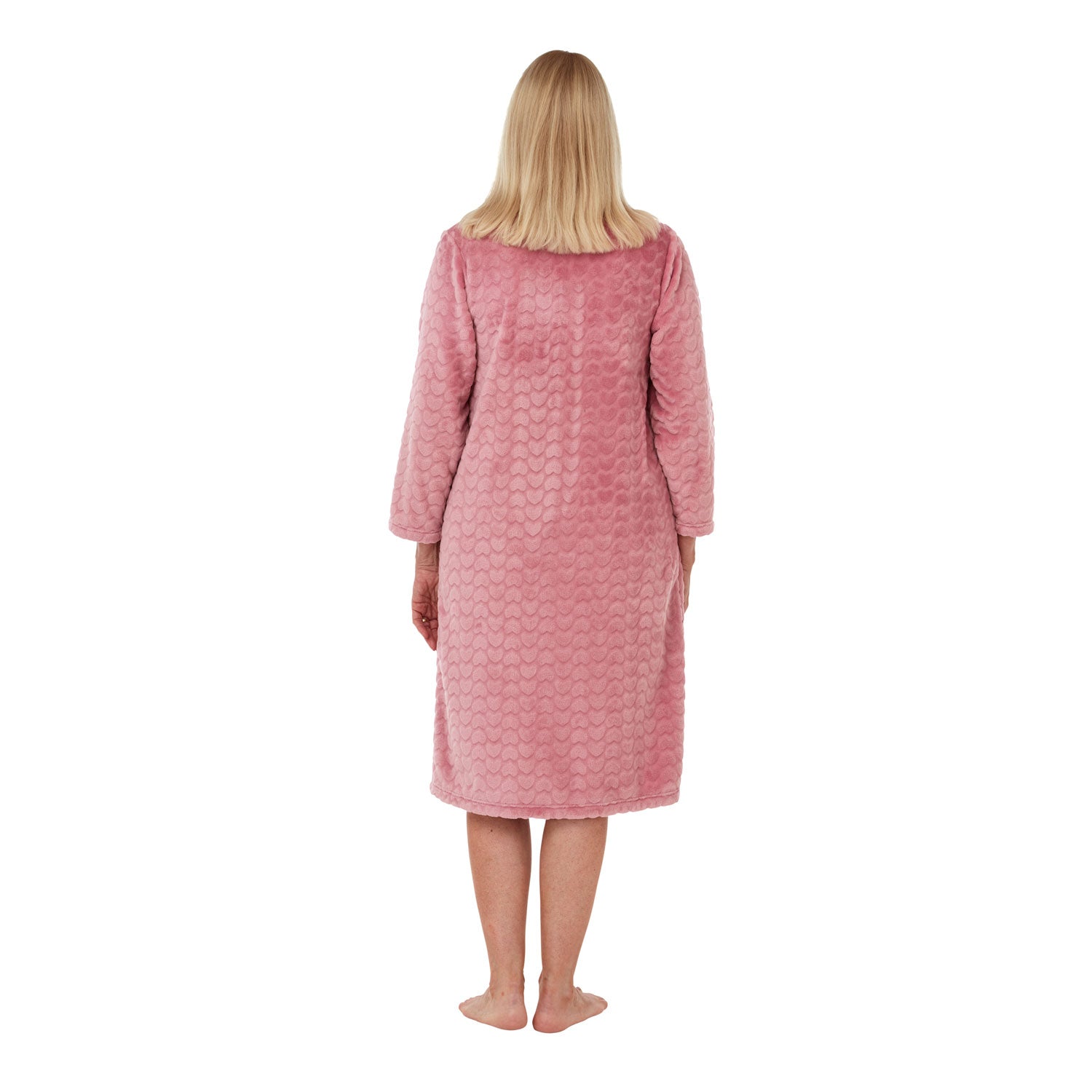 Marlon Sabrina Heart Embossed Fleece Button Through Dressing Gown - Rose 2 Shaws Department Stores