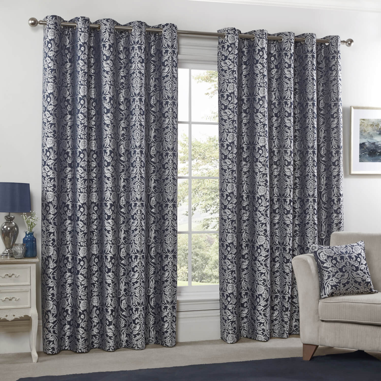 Maison By Emma Barclay Lined Eyelet Jacquard Curtains - Navy 1 Shaws Department Stores