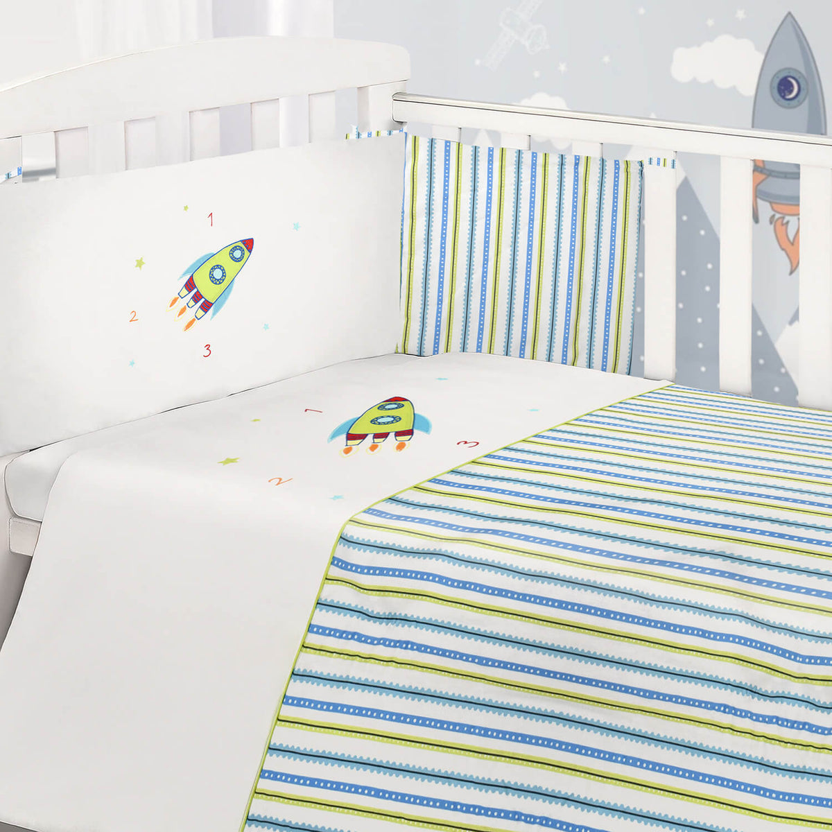 2 Piece Rocket Quilt & Bumper Set - Blue
