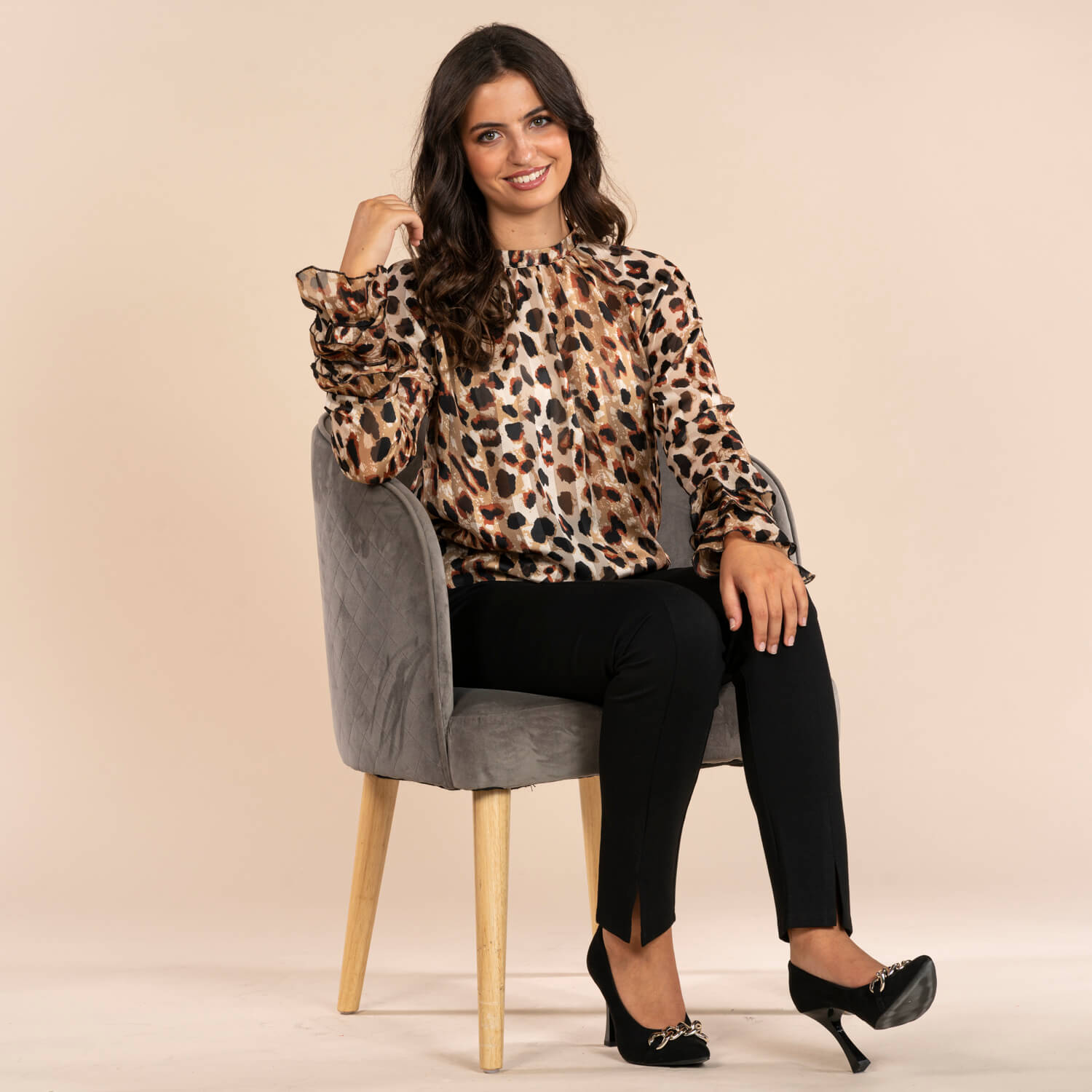 Naoise Flare Cuff Blouse - Taupe Leopard 1 Shaws Department Stores