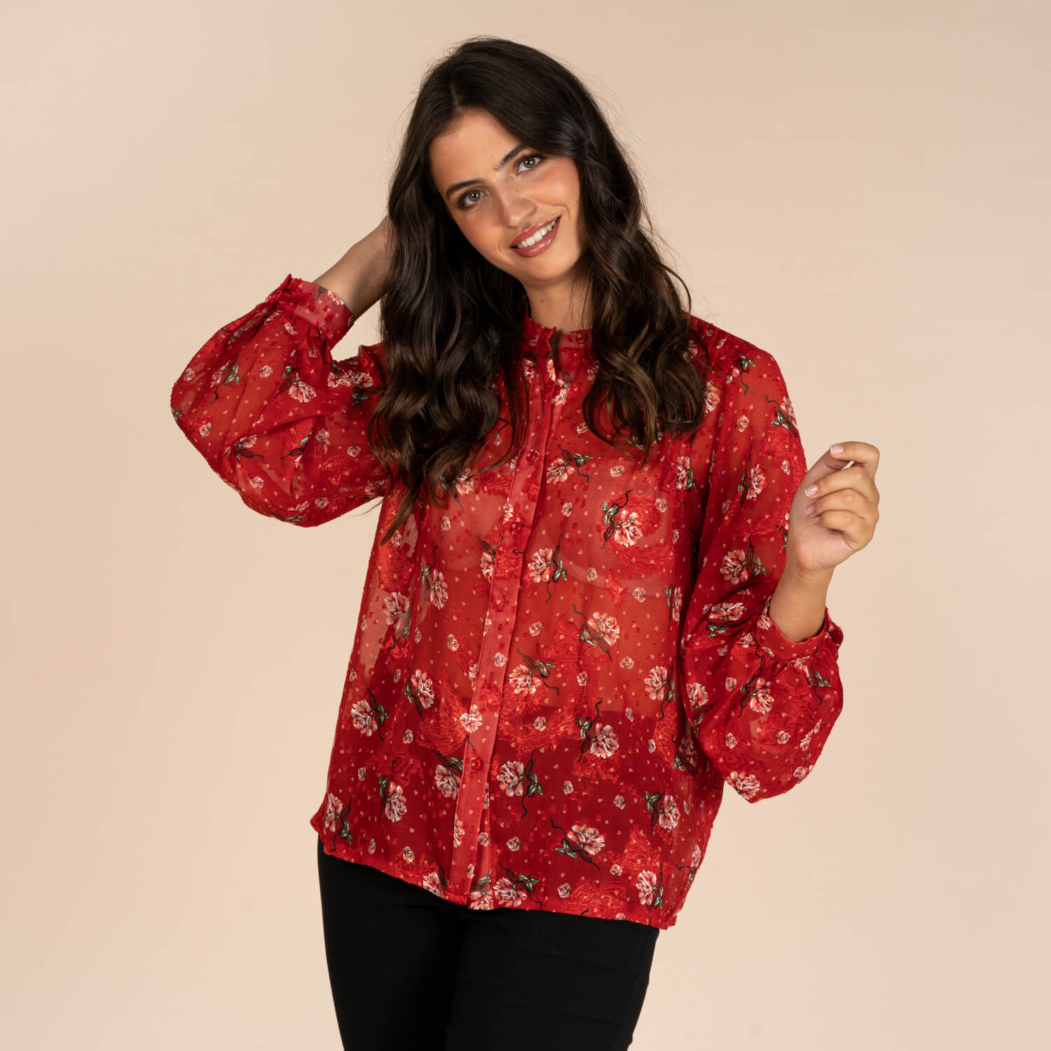 Naoise Pleat Neck Blouse - Red 1 Shaws Department Stores