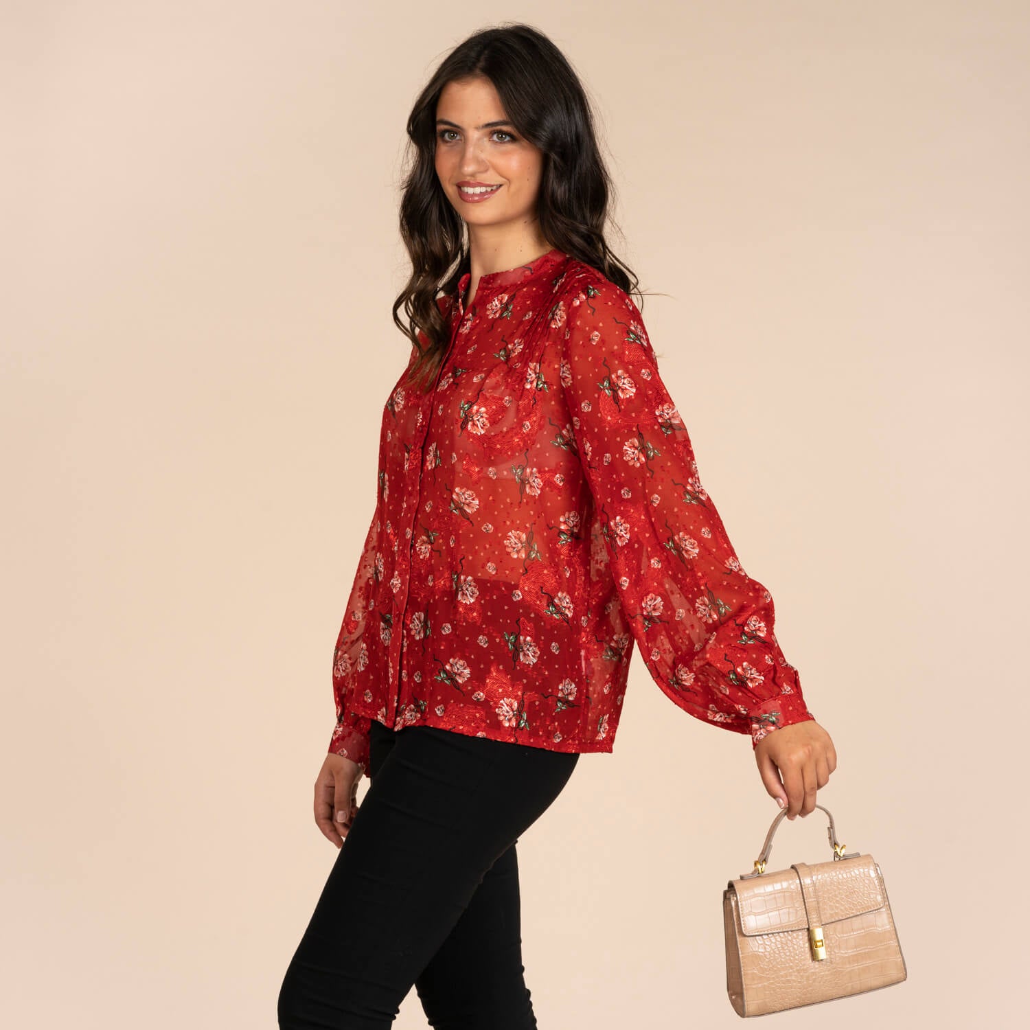 Naoise Pleat Neck Blouse - Red 3 Shaws Department Stores