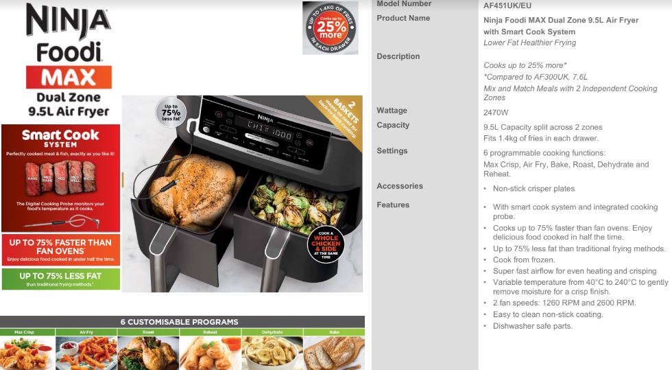 Ninja AF451 Ninja Dual Air Fryer 9.5L with Smart Cook Probe - Black 4 Shaws Department Stores