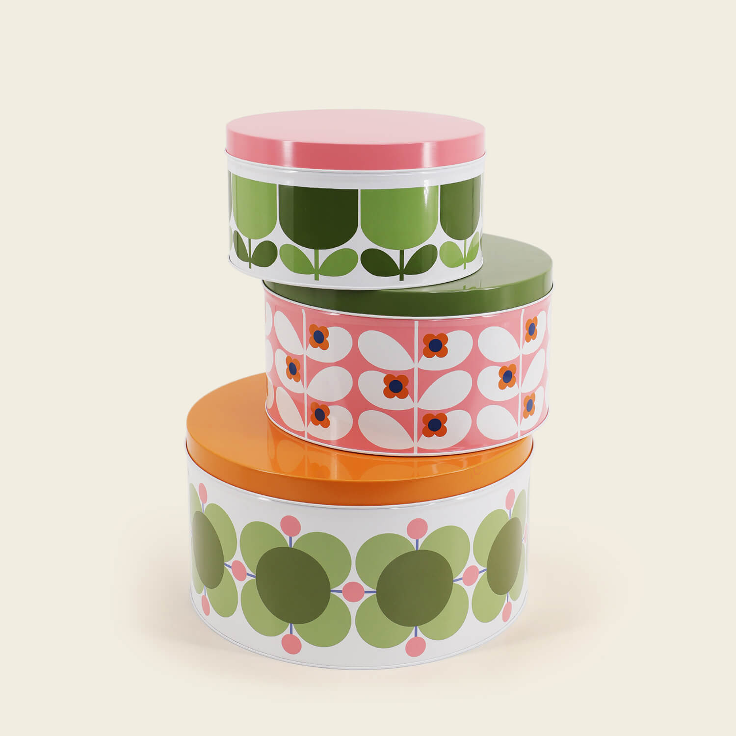 Orla Kiely Set of 3 Nesting Cake Tins - Pink &amp; Green 1 Shaws Department Stores