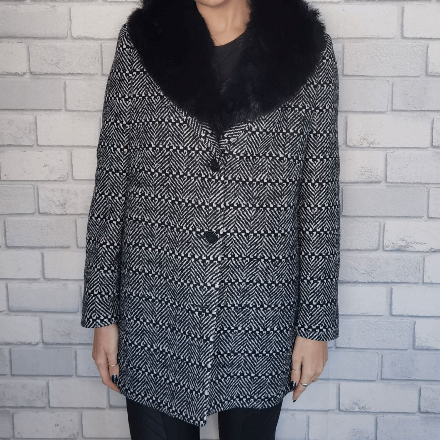 Punt Roma Fur Collar Lined Wool Mix Coat - Black 2 Shaws Department Stores