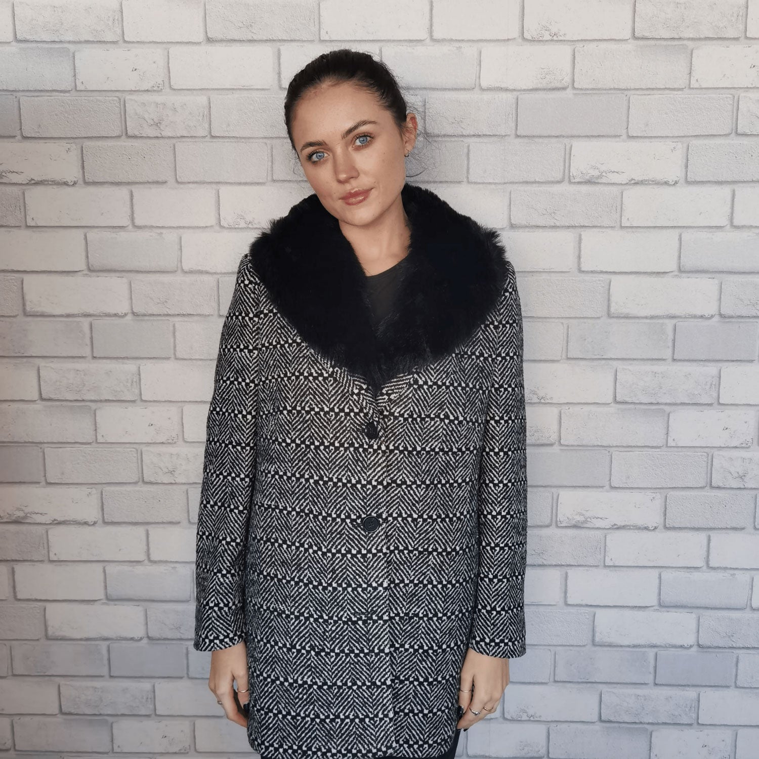 Punt Roma Fur Collar Lined Wool Mix Coat - Black 1 Shaws Department Stores