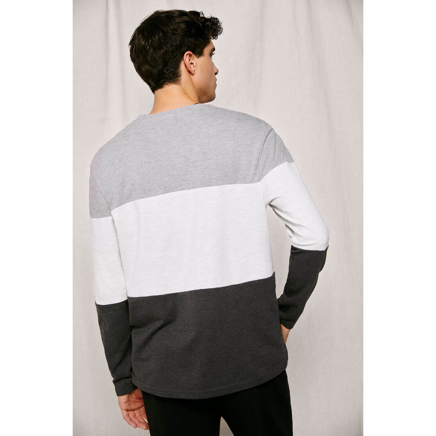 Springfield Long-Sleeve Block Pattern Pique T-Shirt - Dark Grey 2 Shaws Department Stores