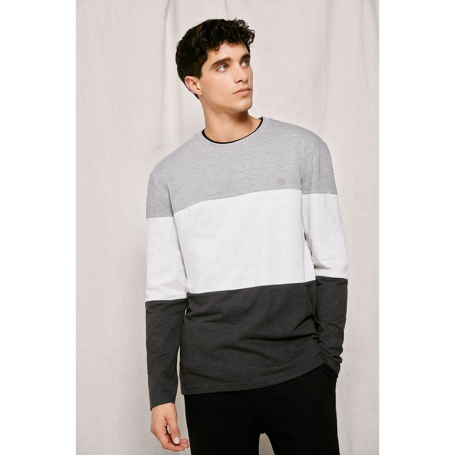 Springfield Long-Sleeve Block Pattern Pique T-Shirt - Dark Grey 1 Shaws Department Stores