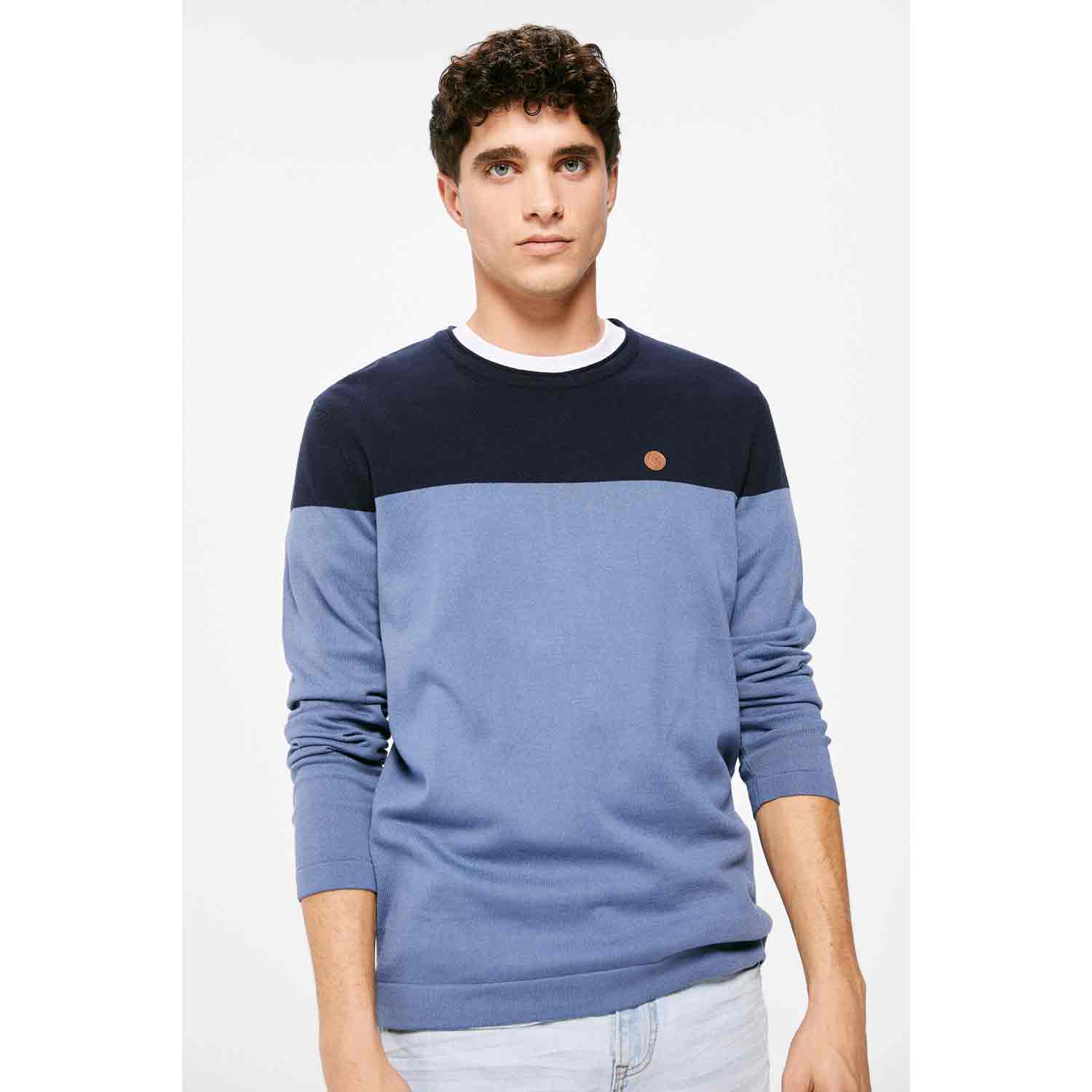 Springfield Long-Sleeve Block Fine Wool Knit - Navy 1 Shaws Department Stores