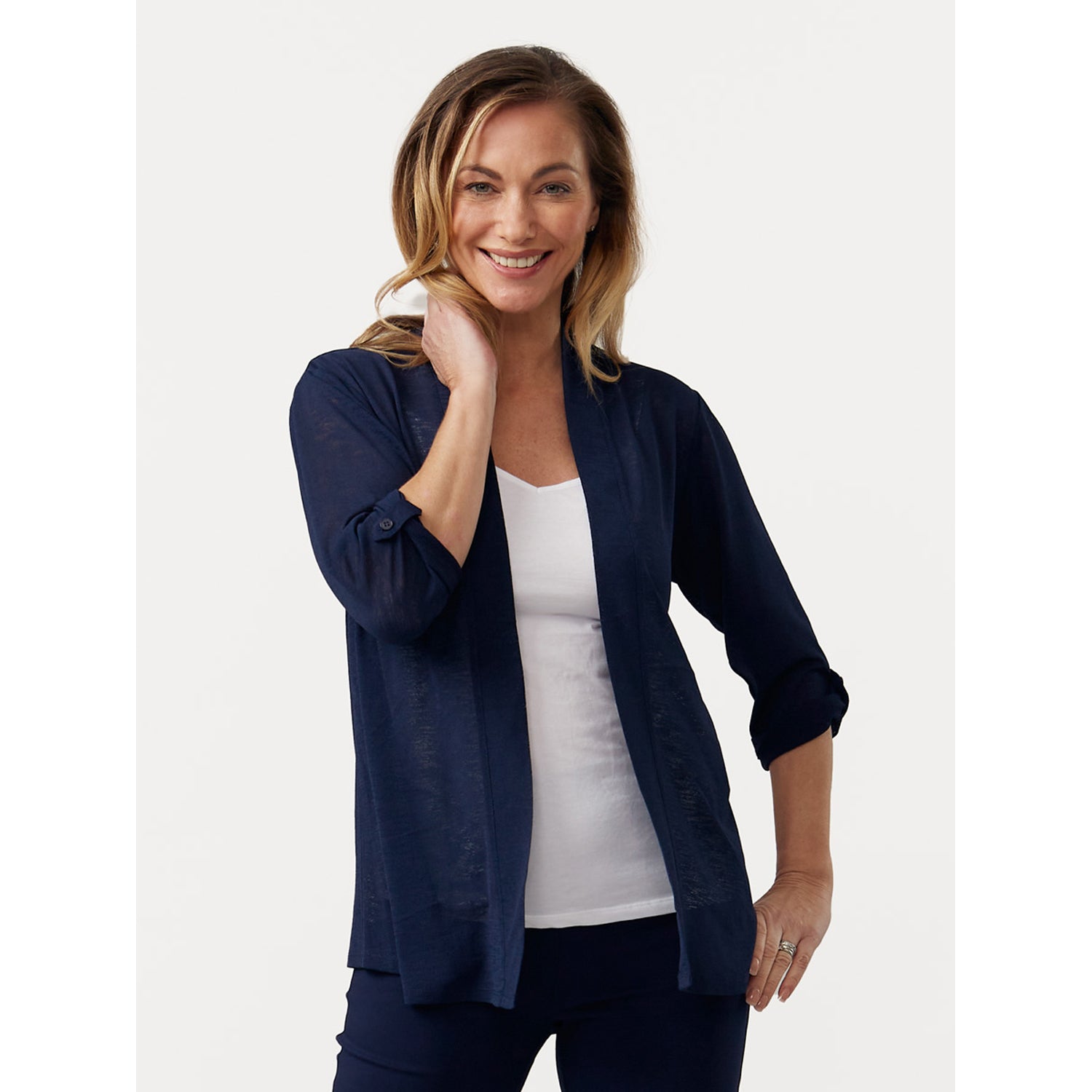 Penny Plain Roll Up Sleeve Cardigan - French Navy 5 Shaws Department Stores