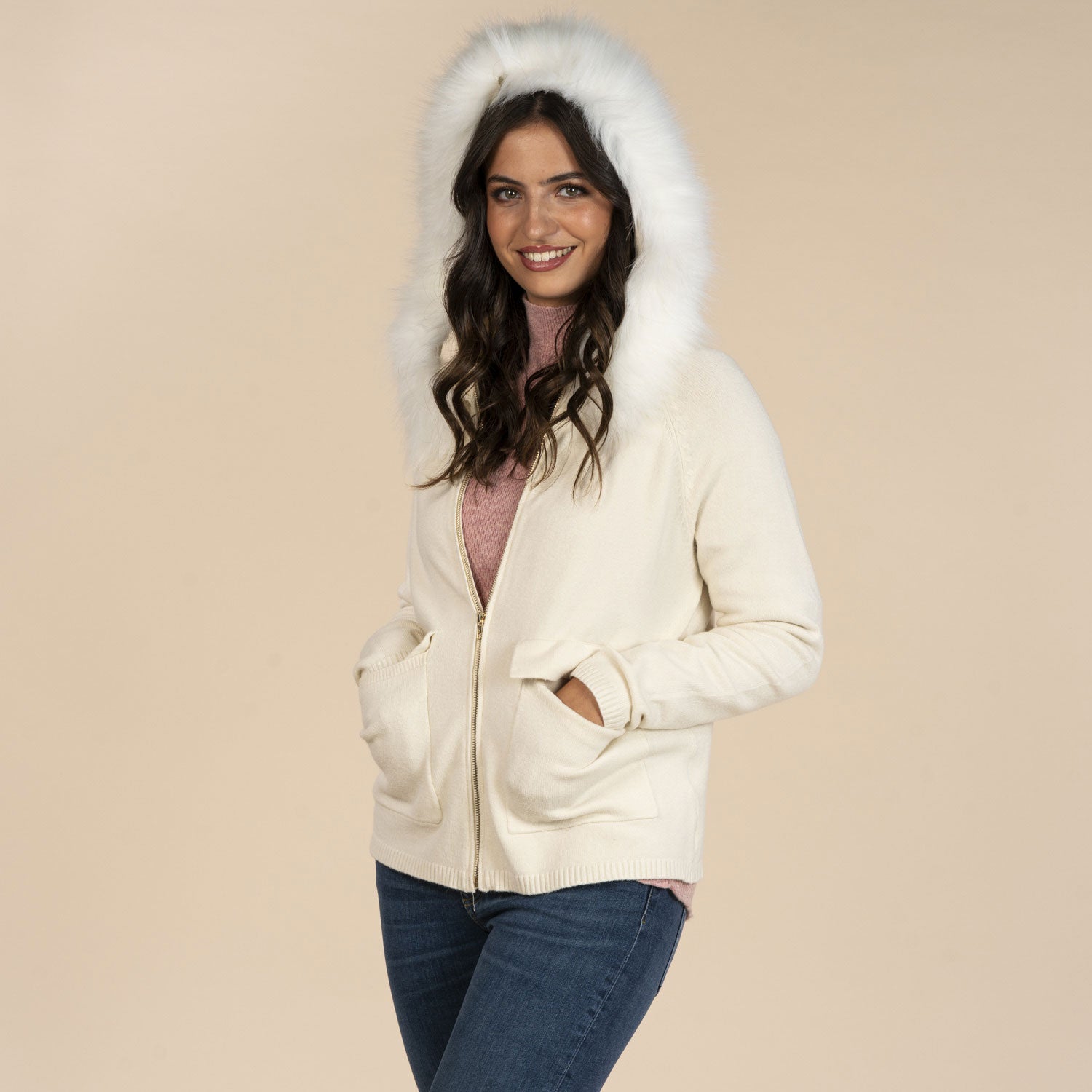 Naoise Hood Zip Front Cardigan - Ivory 1 Shaws Department Stores