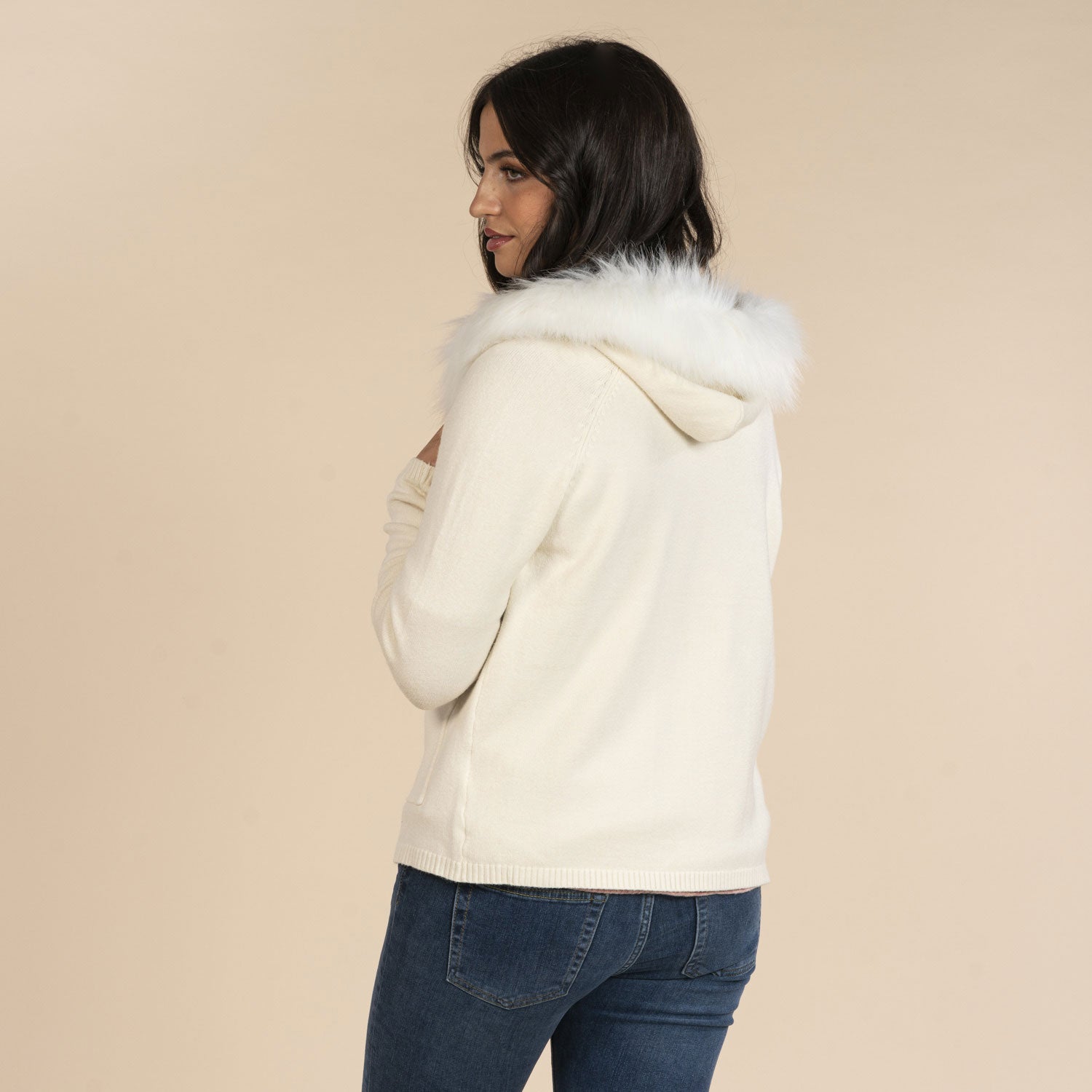 Naoise Hood Zip Front Cardigan - Ivory 3 Shaws Department Stores