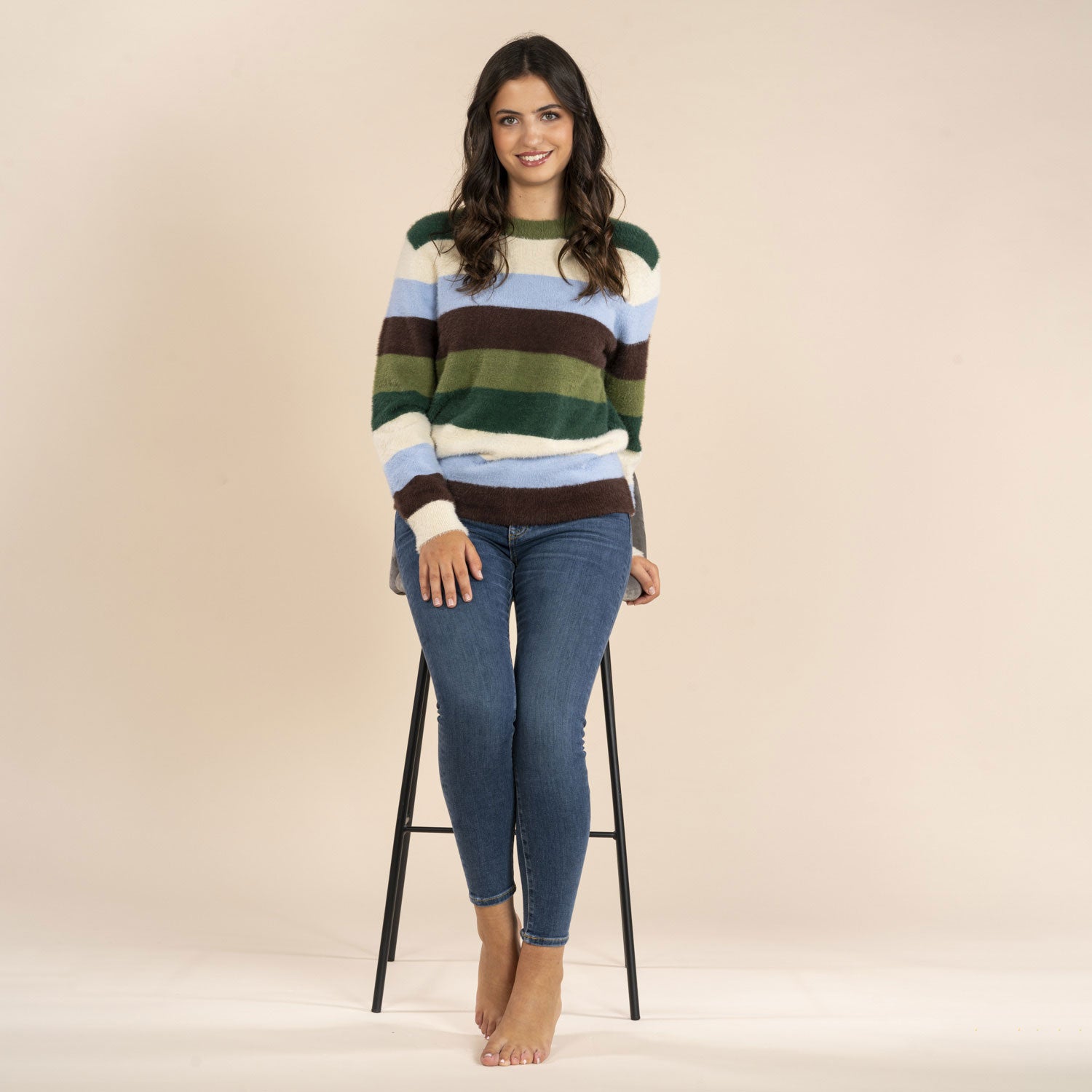 Naoise Stripe Feather Yarn Sweater - Blue &amp; Khaki 1 Shaws Department Stores