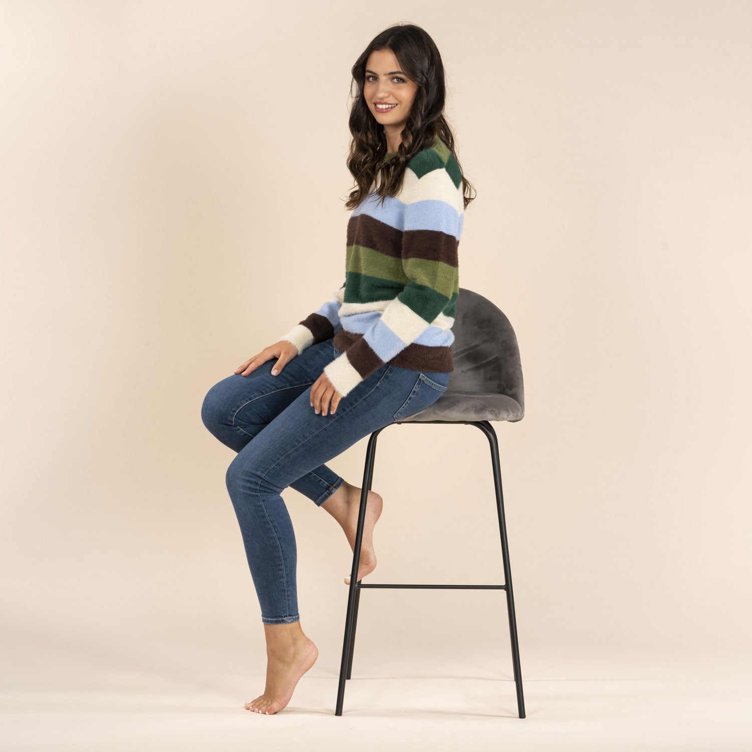Naoise Stripe Feather Yarn Sweater - Blue &amp; Khaki 2 Shaws Department Stores