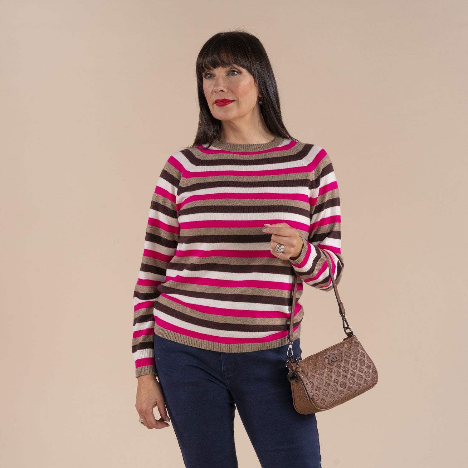 Tea Lane Stripe Raglan Sweater - Red / Taupe 1 Shaws Department Stores