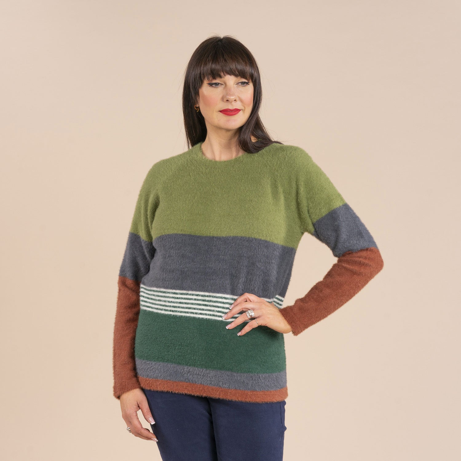 Tea Lane Colour Block Sweater - Green 2 Shaws Department Stores