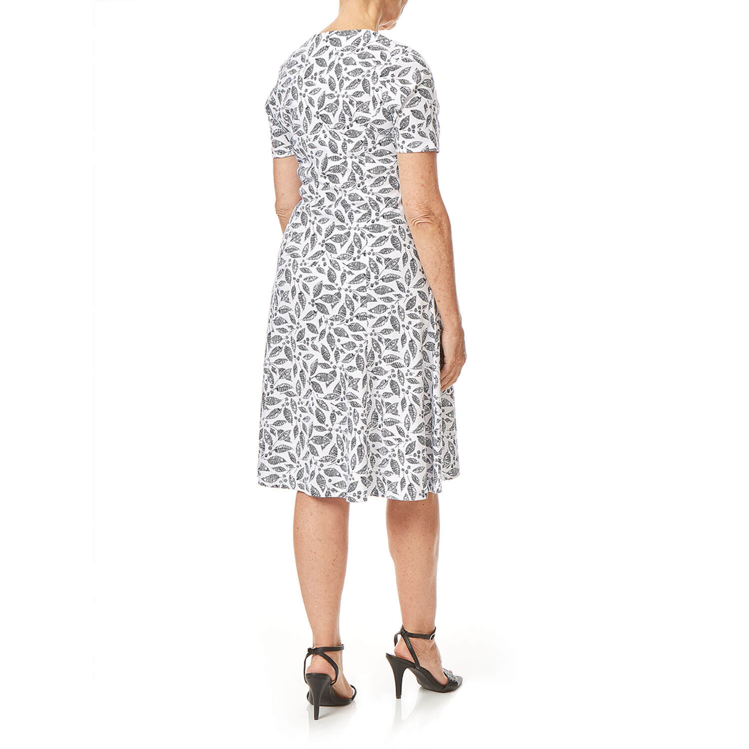 Tigiwear Mono Leaf Print Portrait Neckline Dress 3 Shaws Department Stores