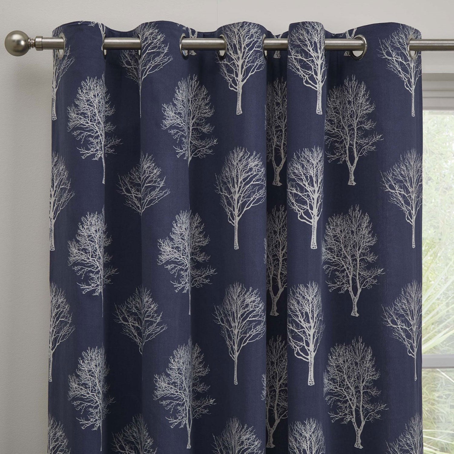 The Home Bedroom Woodland Trees Eyelet Curtains - Navy 2 Shaws Department Stores