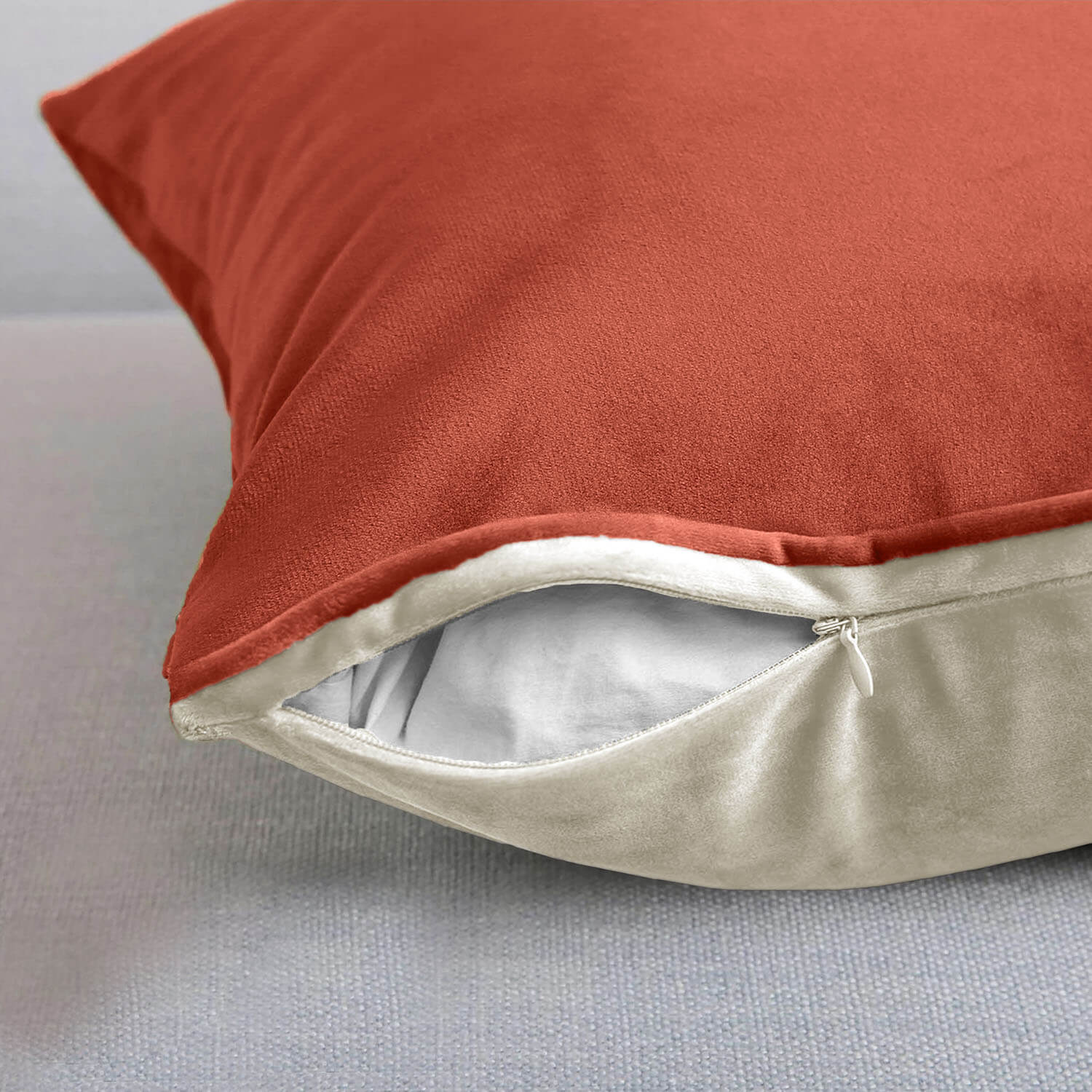 The Home Collection Luna Velvet Cushion - Teracotta/Cream 2 Shaws Department Stores