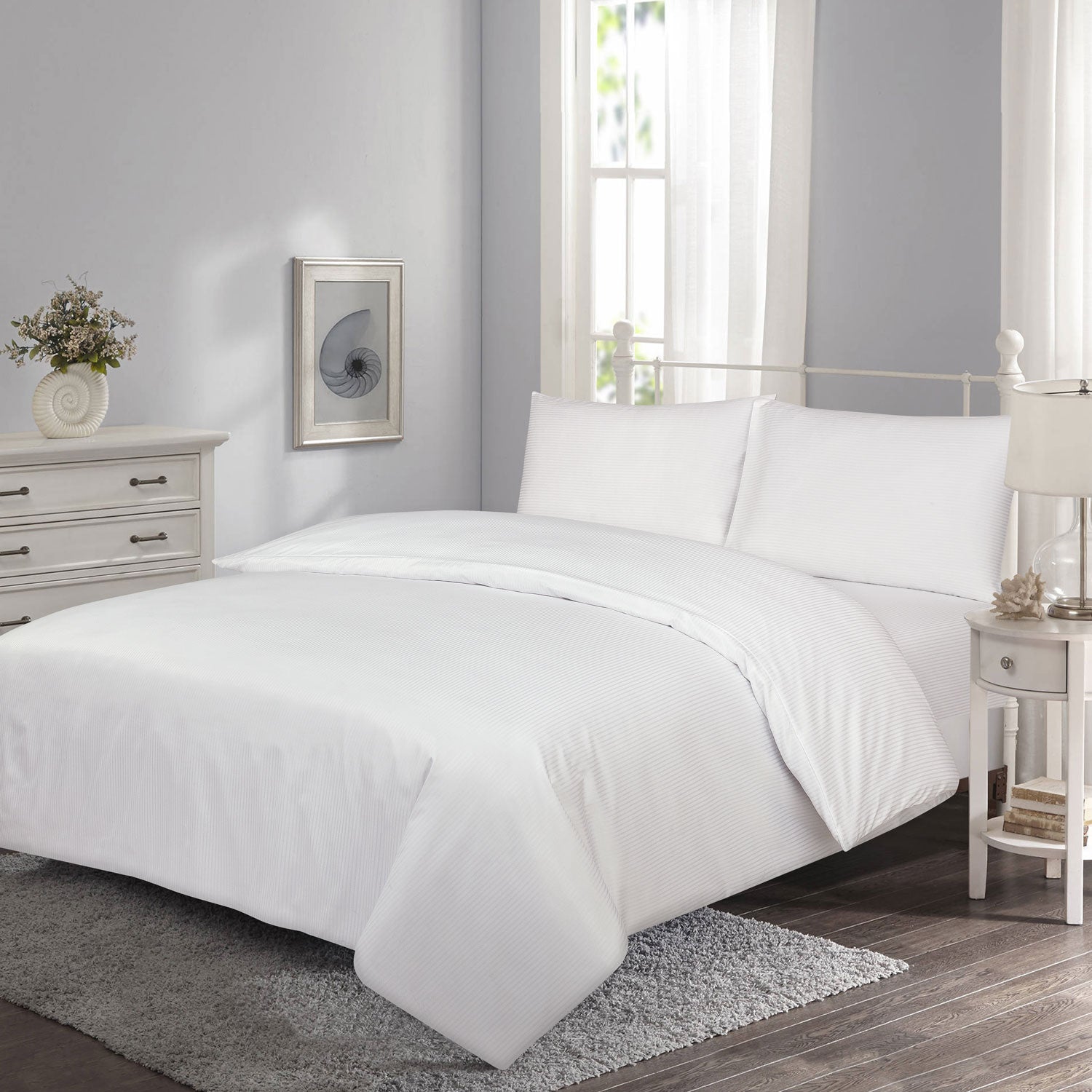  The Home Bedroom 300 Thread Count Satin Stripe Duvet Set - White 1 Shaws Department Stores