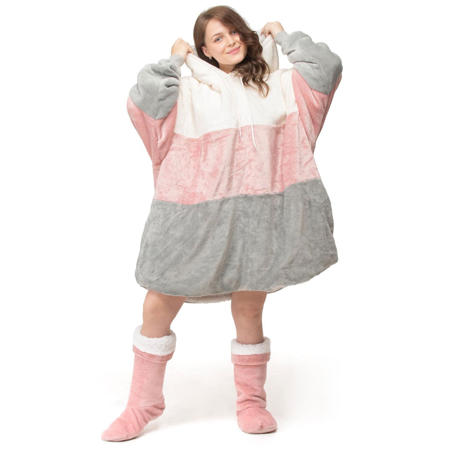 The Home Block Hooded Robe - White, Pink &amp; Grey 1 Shaws Department Stores