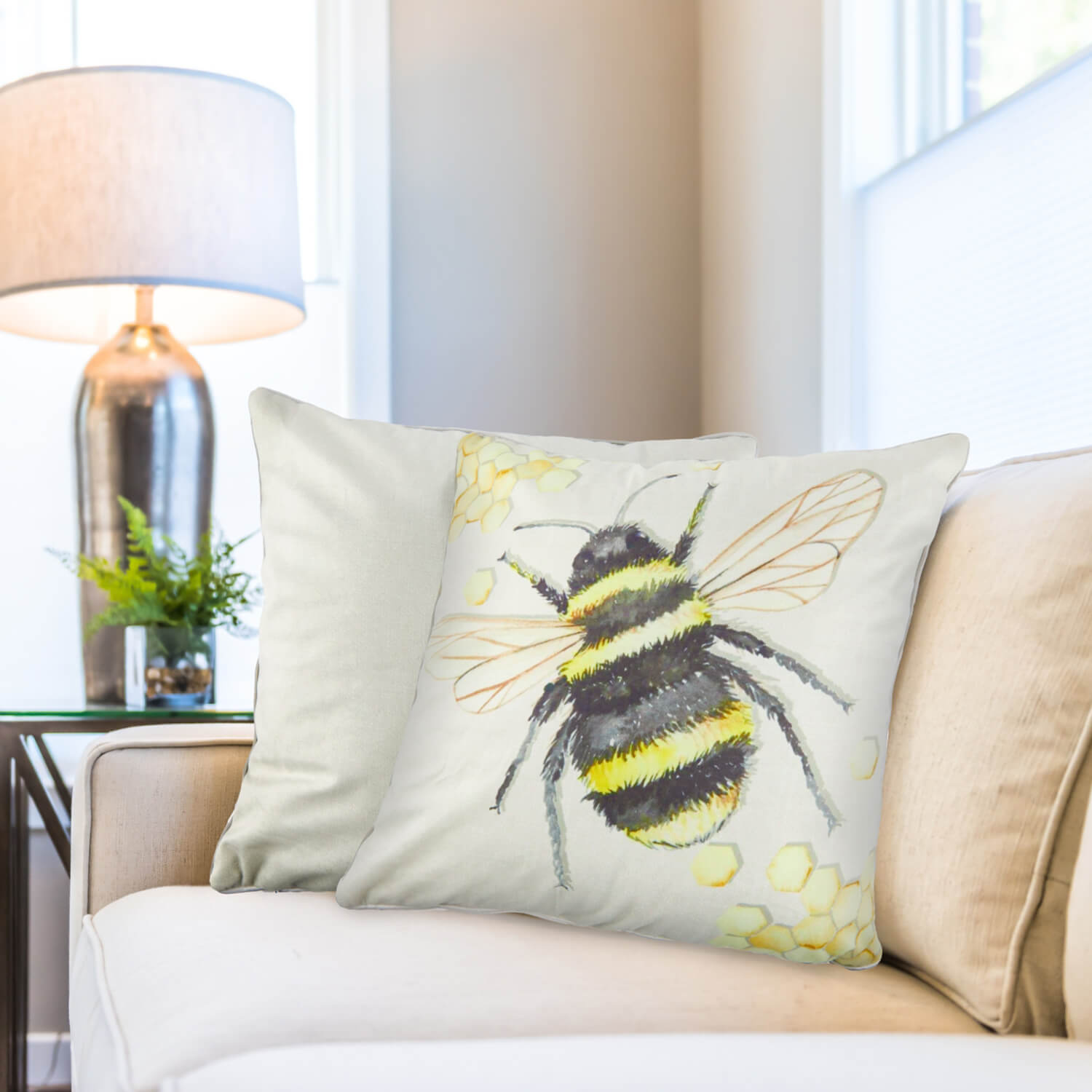 The Home Watercolour Animals Velvet Cushion 17&quot; x 17&quot; - Bee Print 1 Shaws Department Stores