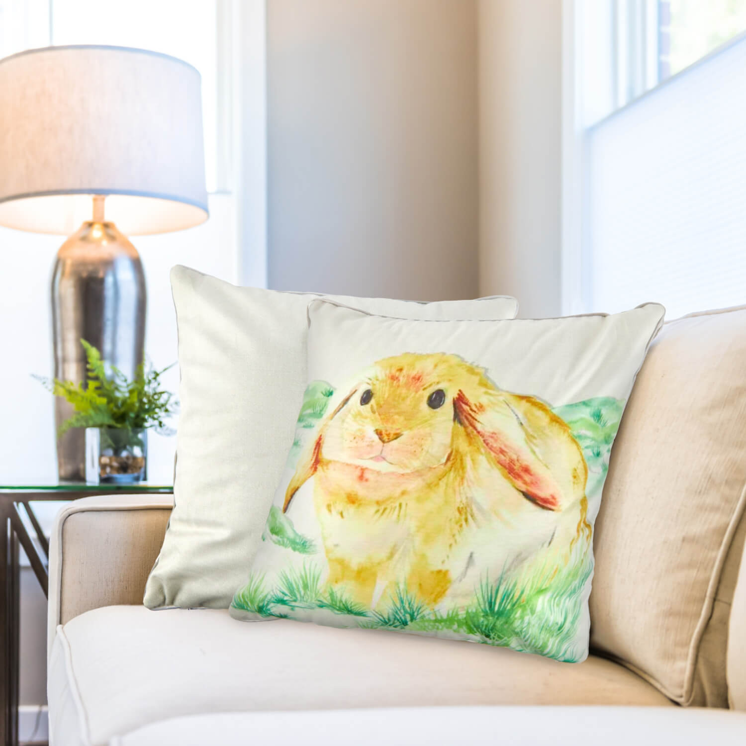 The Home Collection Watercolour Animals Velvet Cushion 17&quot; x 17&quot; - Rabbit Print 1 Shaws Department Stores