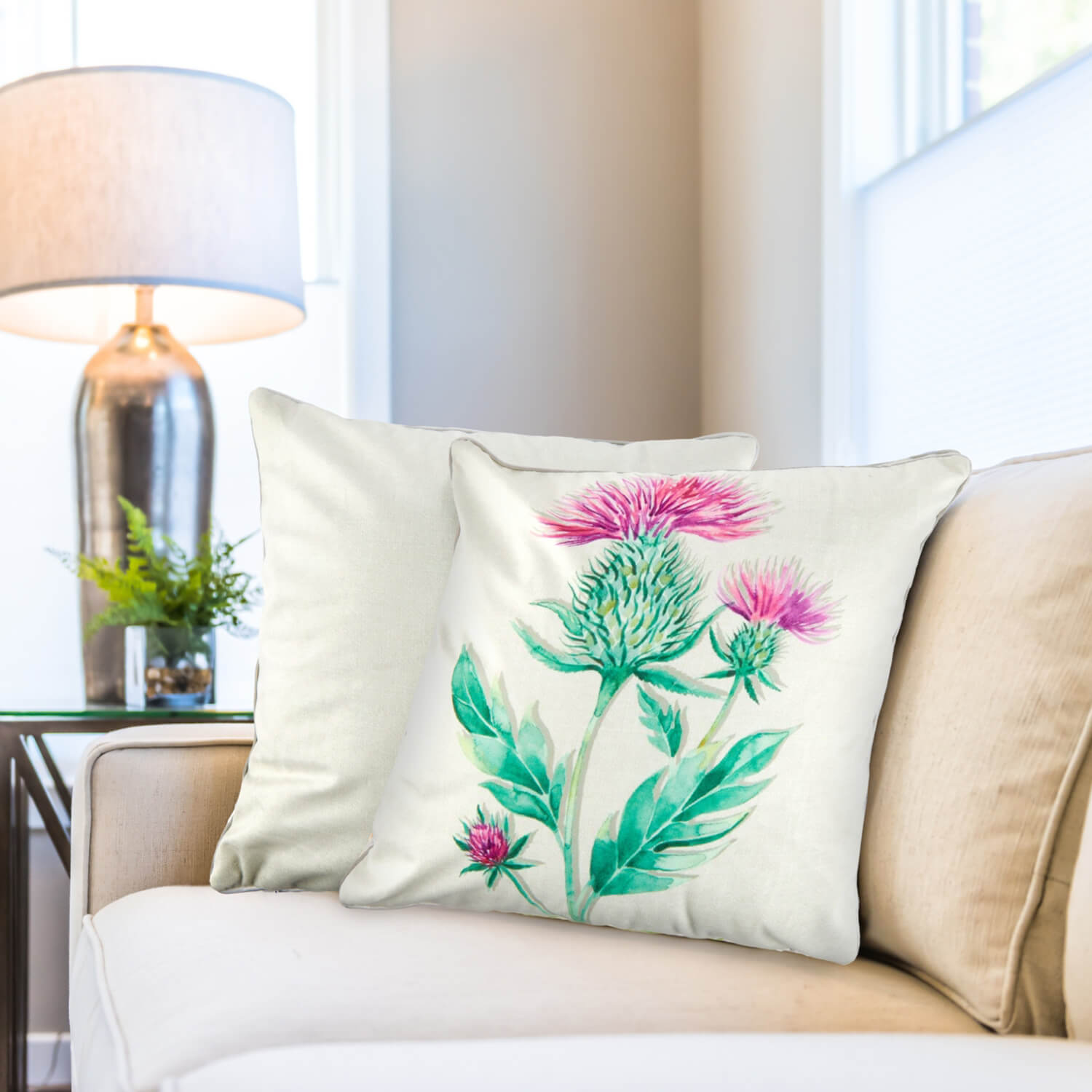 The Home Collection Watercolour Animals Velvet Cushion 17&quot; x 17&quot; - Thistle Print 1 Shaws Department Stores
