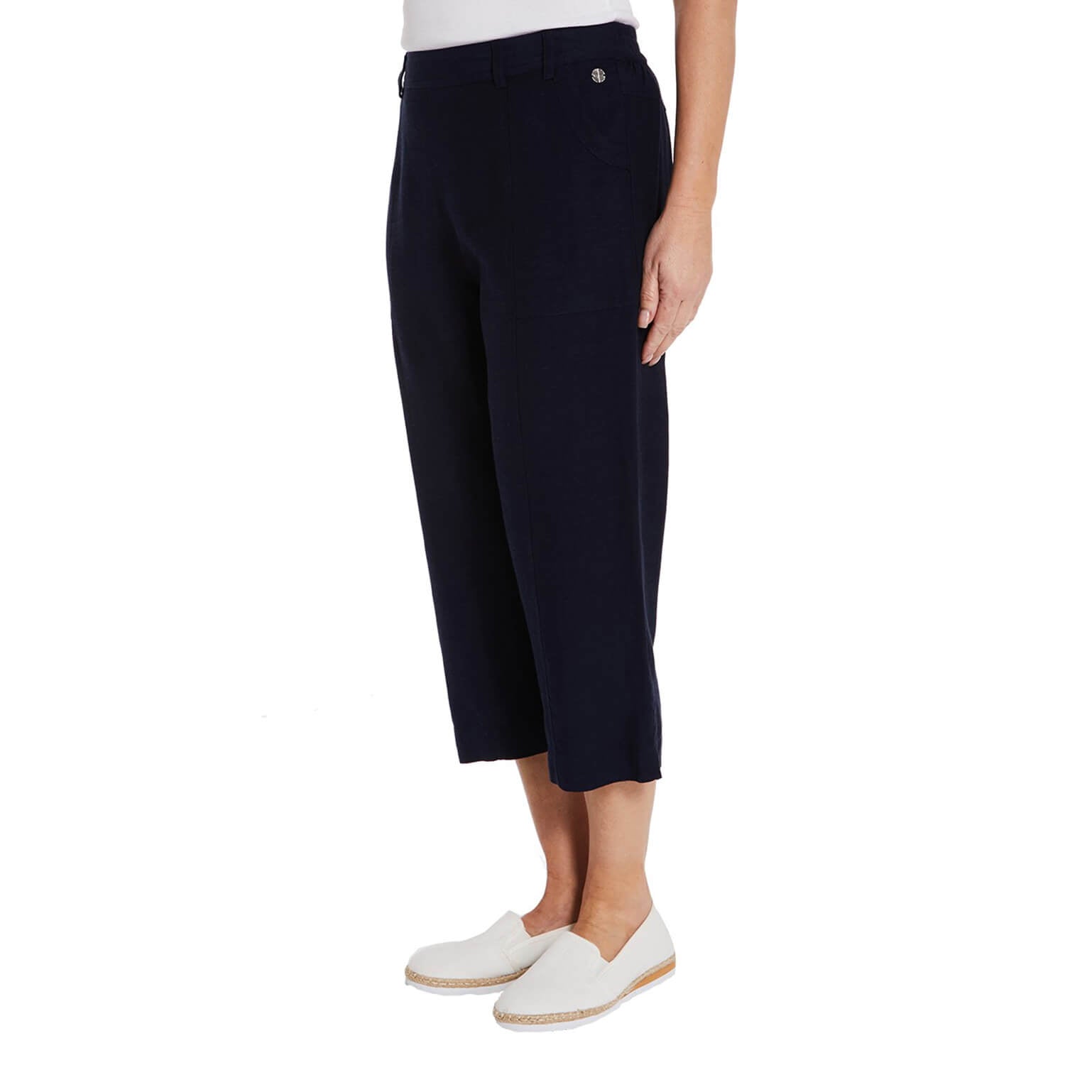 Penny Plain Linen Blend Cropped Trousers - Navy 1 Shaws Department Stores