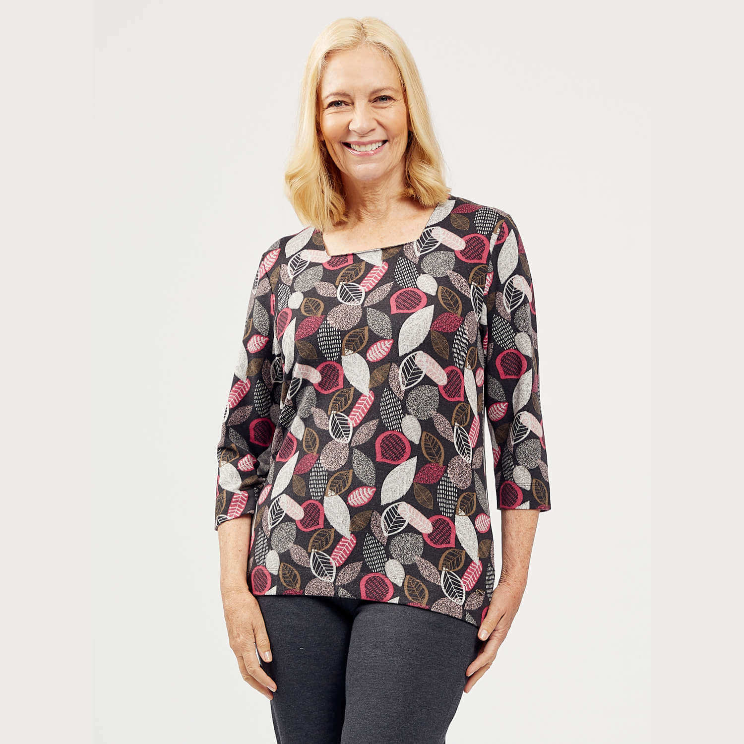 Tigiwear All Over Leaf Print Top - Charcoal 1 Shaws Department Stores