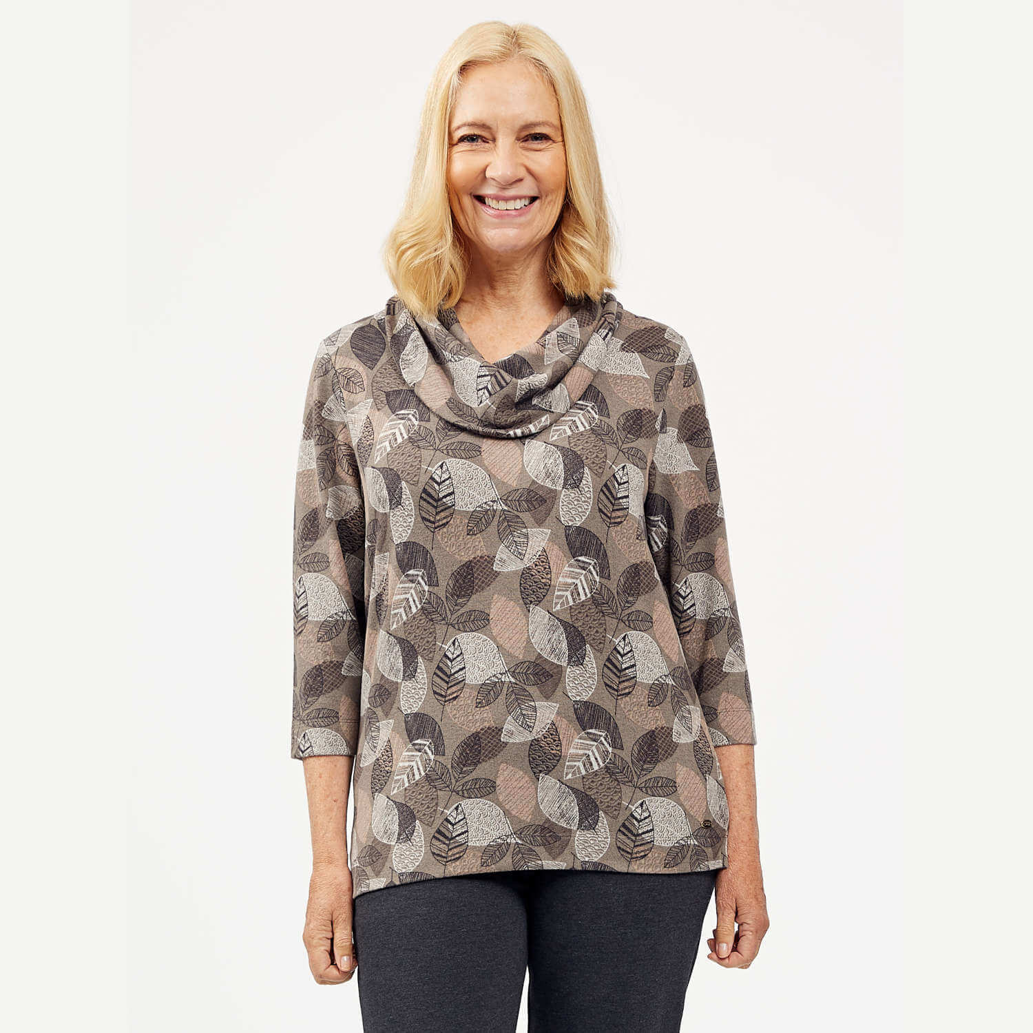 Tigiwear Leaf Print Cowl Neck Top- Taupe 1 Shaws Department Stores