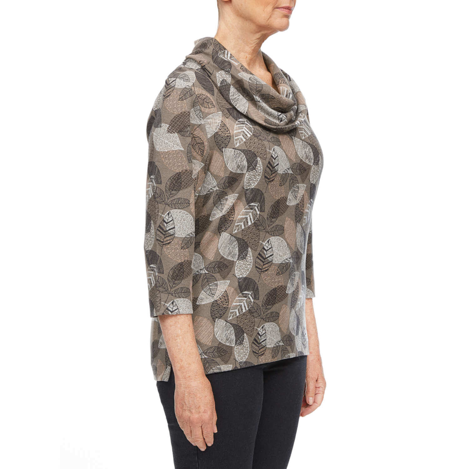 Tigiwear Leaf Print Cowl Neck Top- Taupe 2 Shaws Department Stores