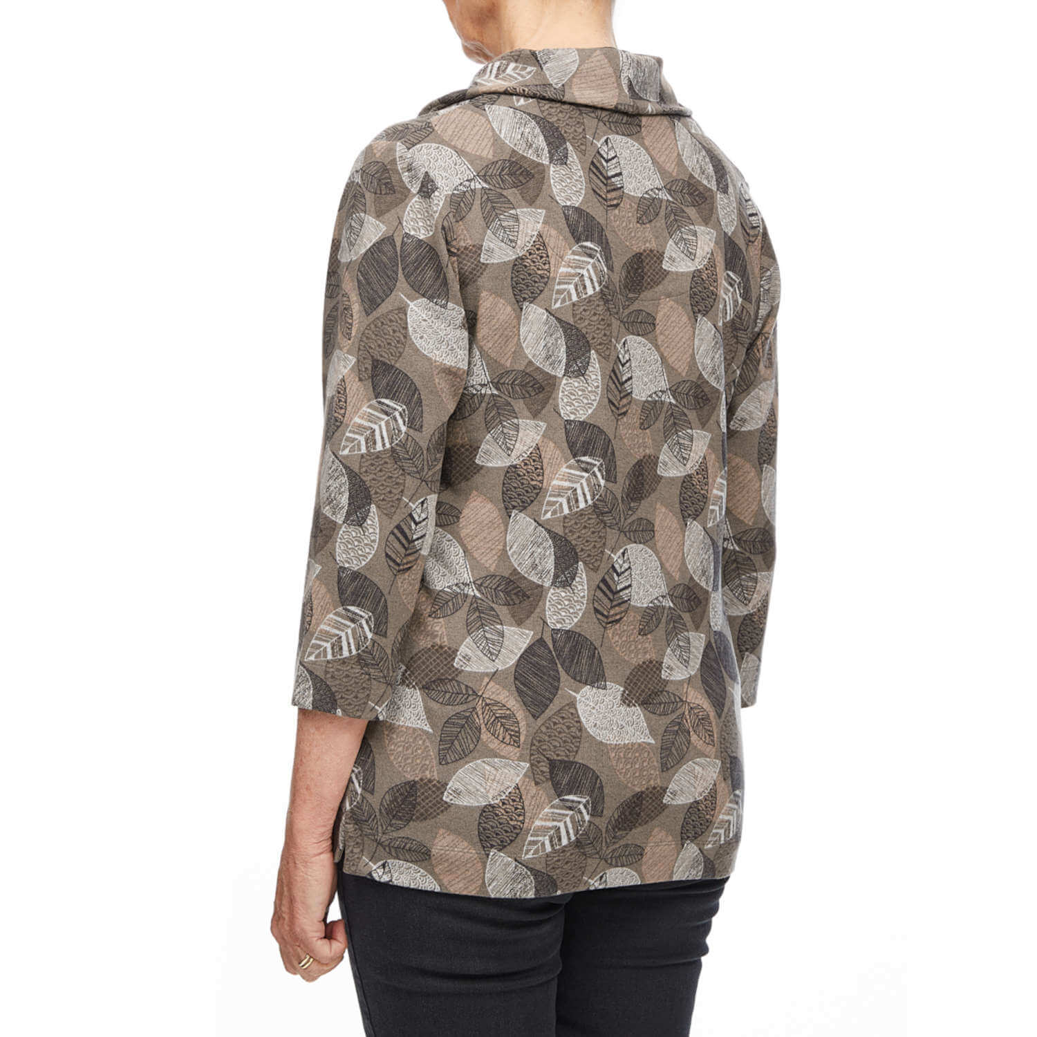 Tigiwear Leaf Print Cowl Neck Top- Taupe 3 Shaws Department Stores