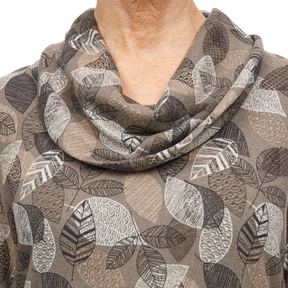 Tigiwear Leaf Print Cowl Neck Top- Taupe 4 Shaws Department Stores