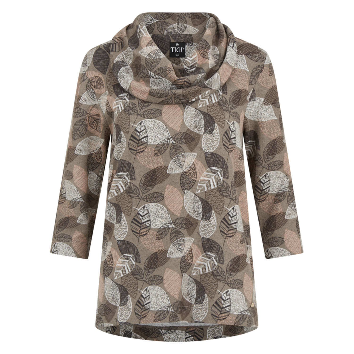 Tigiwear Leaf Print Cowl Neck Top- Taupe 6 Shaws Department Stores