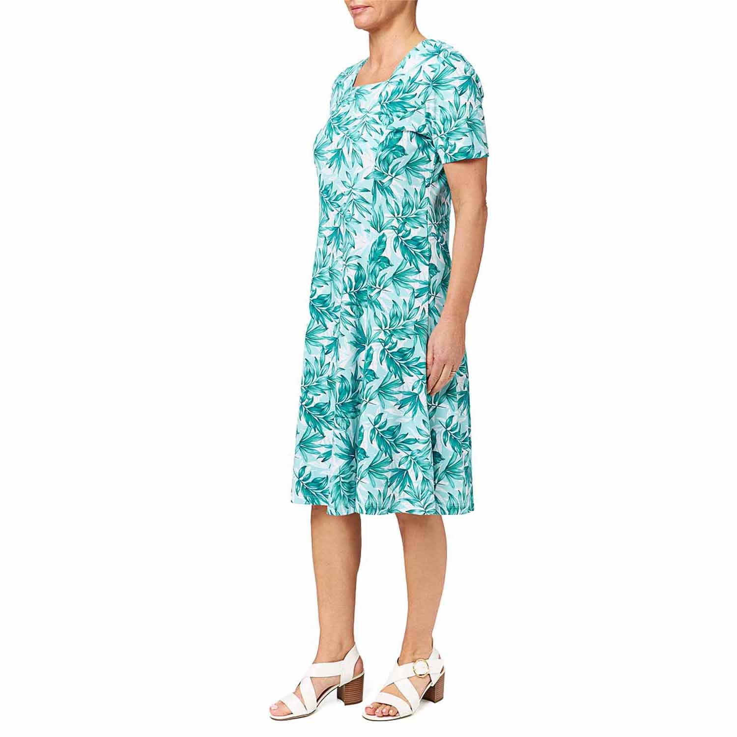 Tigiwear Leaf Print Dress - Turquoise 2 Shaws Department Stores