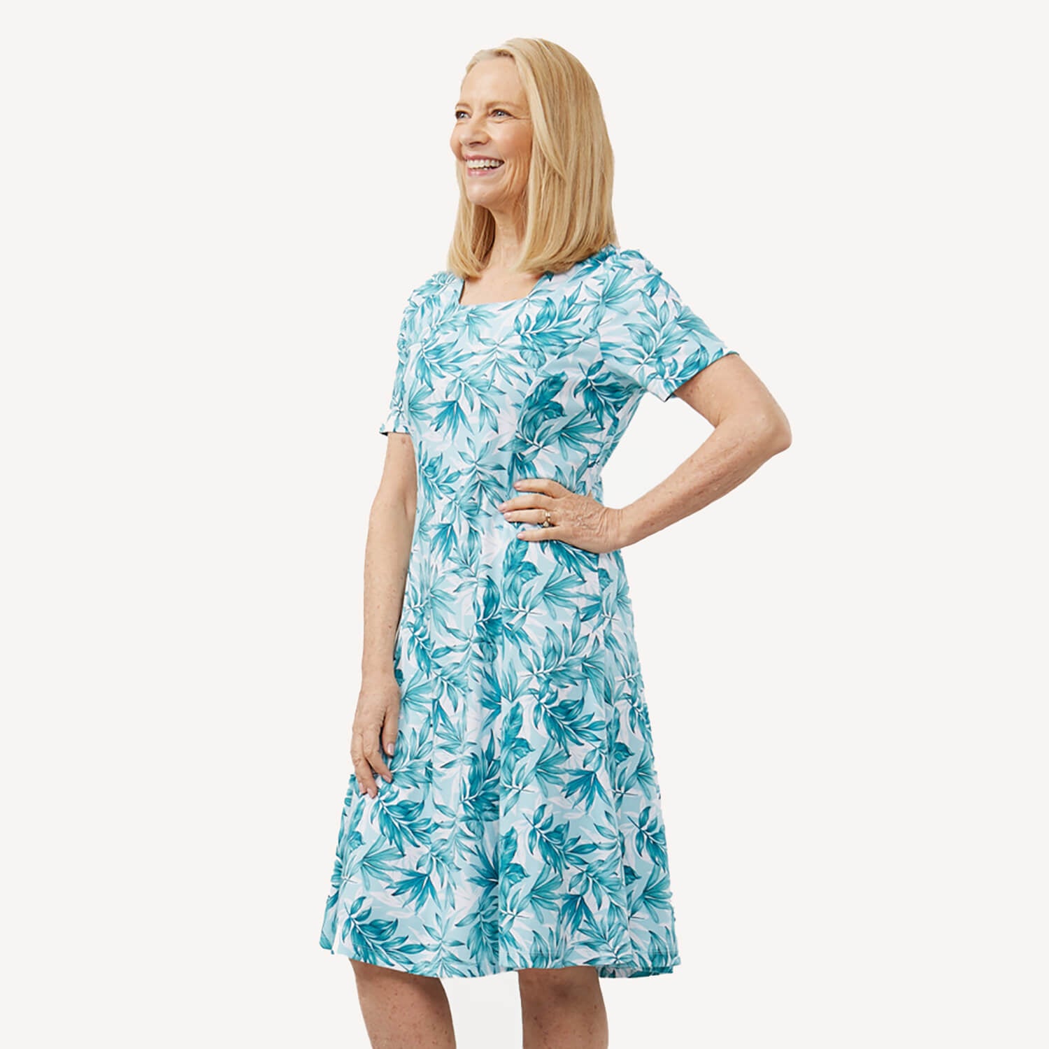 Tigiwear Leaf Print Dress - Turquoise 1 Shaws Department Stores