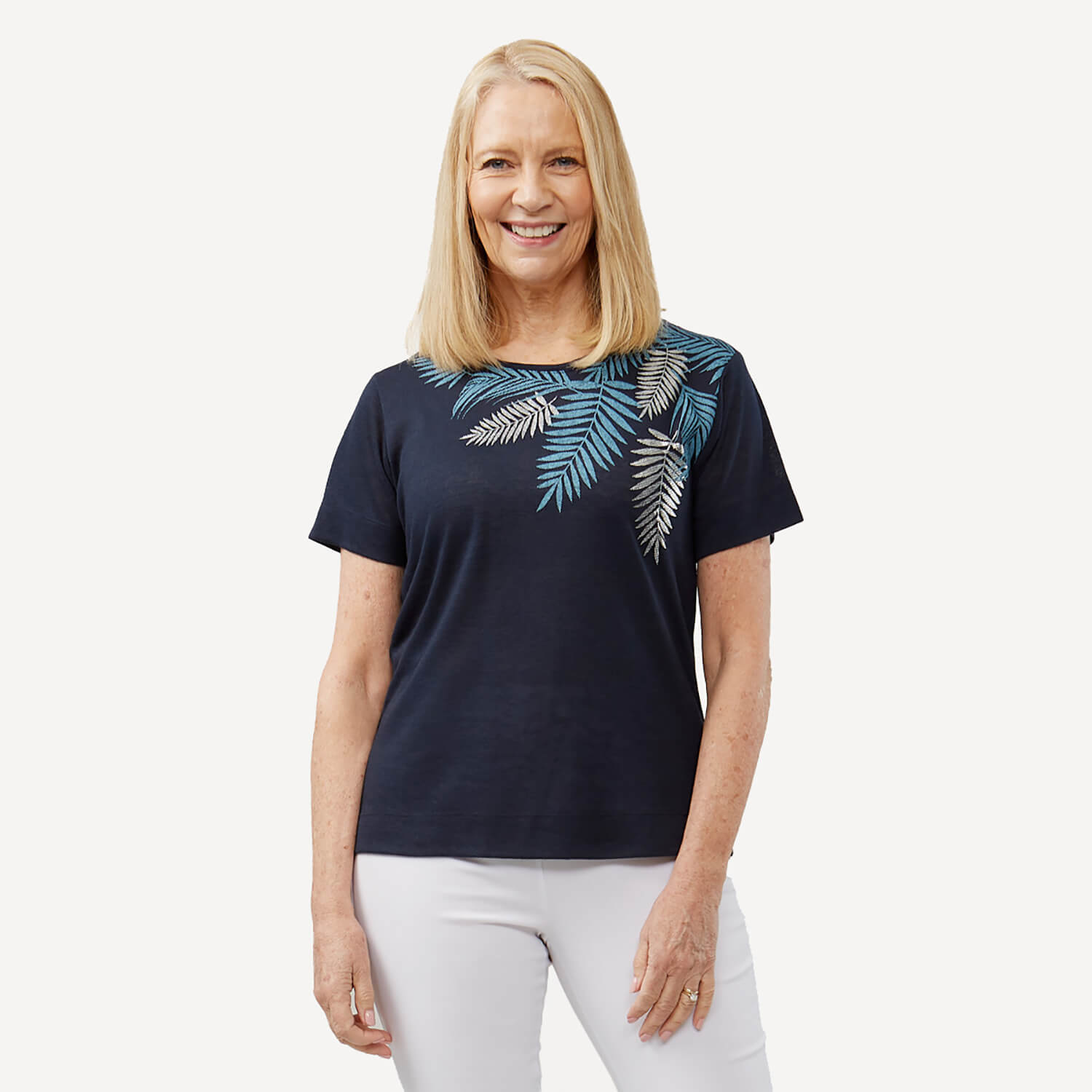 Tigiwear Leaf Print Top - French Navy 1 Shaws Department Stores