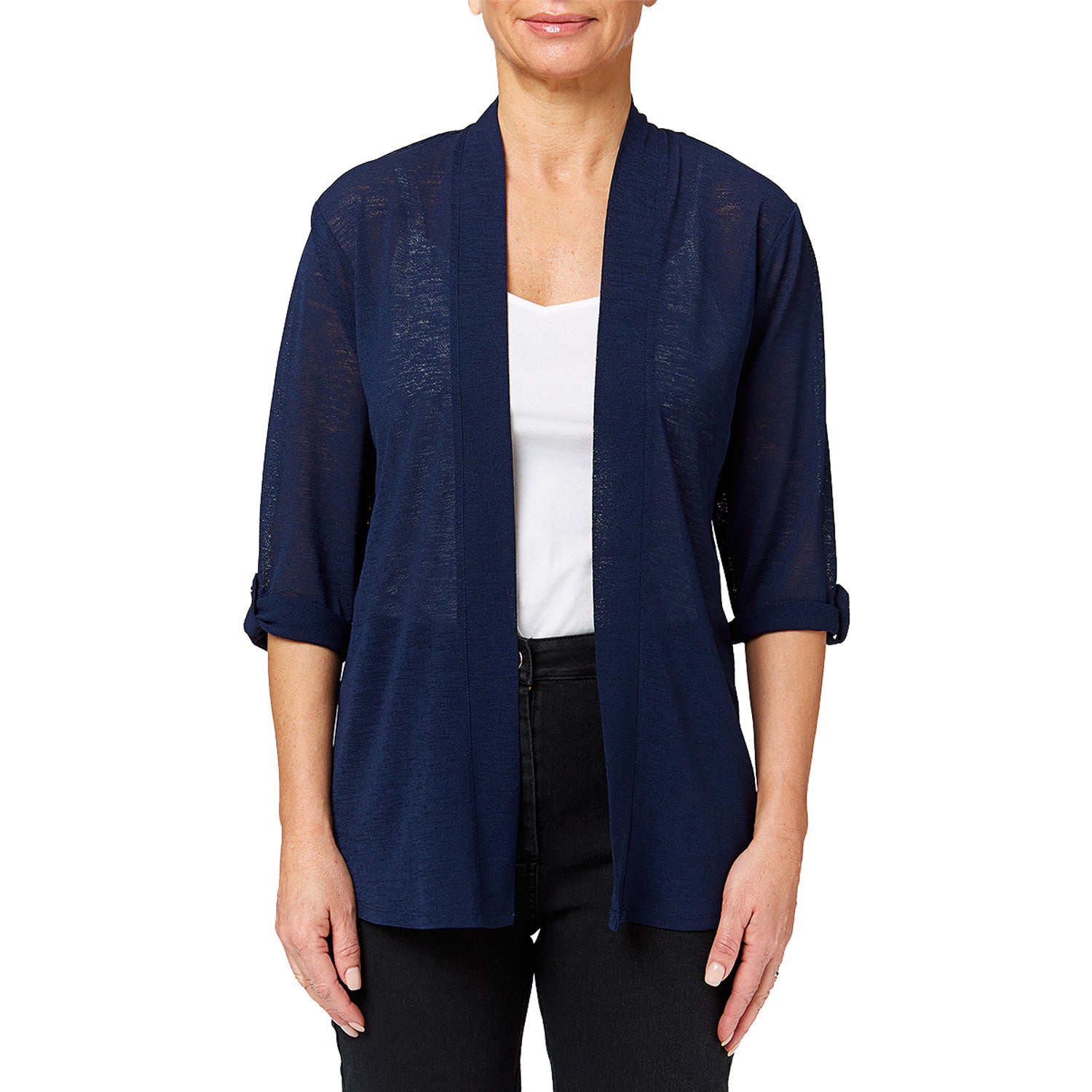 Penny Plain Roll Up Sleeve Cardigan - French Navy 2 Shaws Department Stores