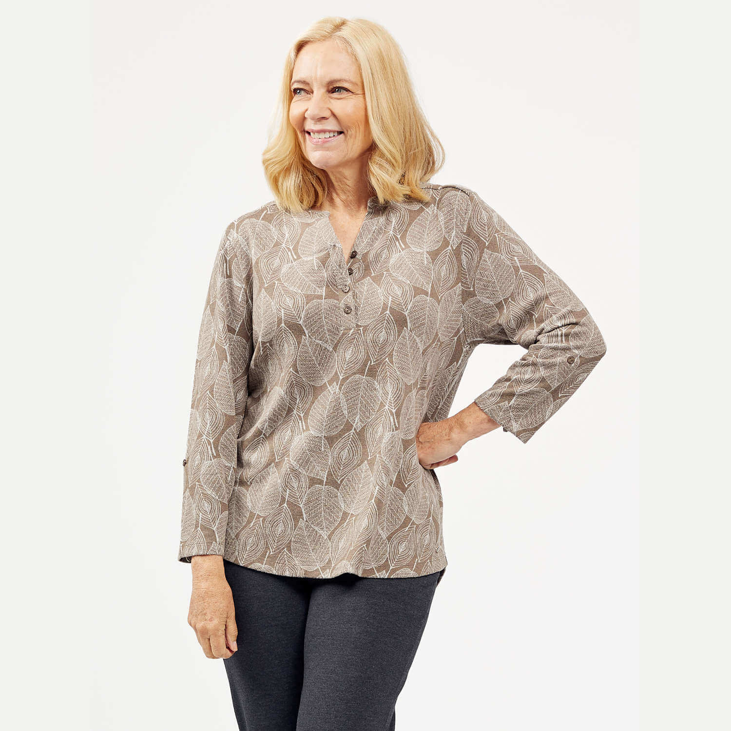Tigiwear Stencil Leaf Print Top - Taupe 1 Shaws Department Stores