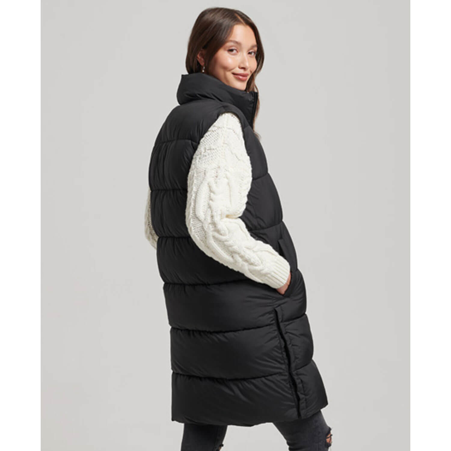 Superdry Longline Hooded Quilted Gilet - Black 3 Shaws Department Stores