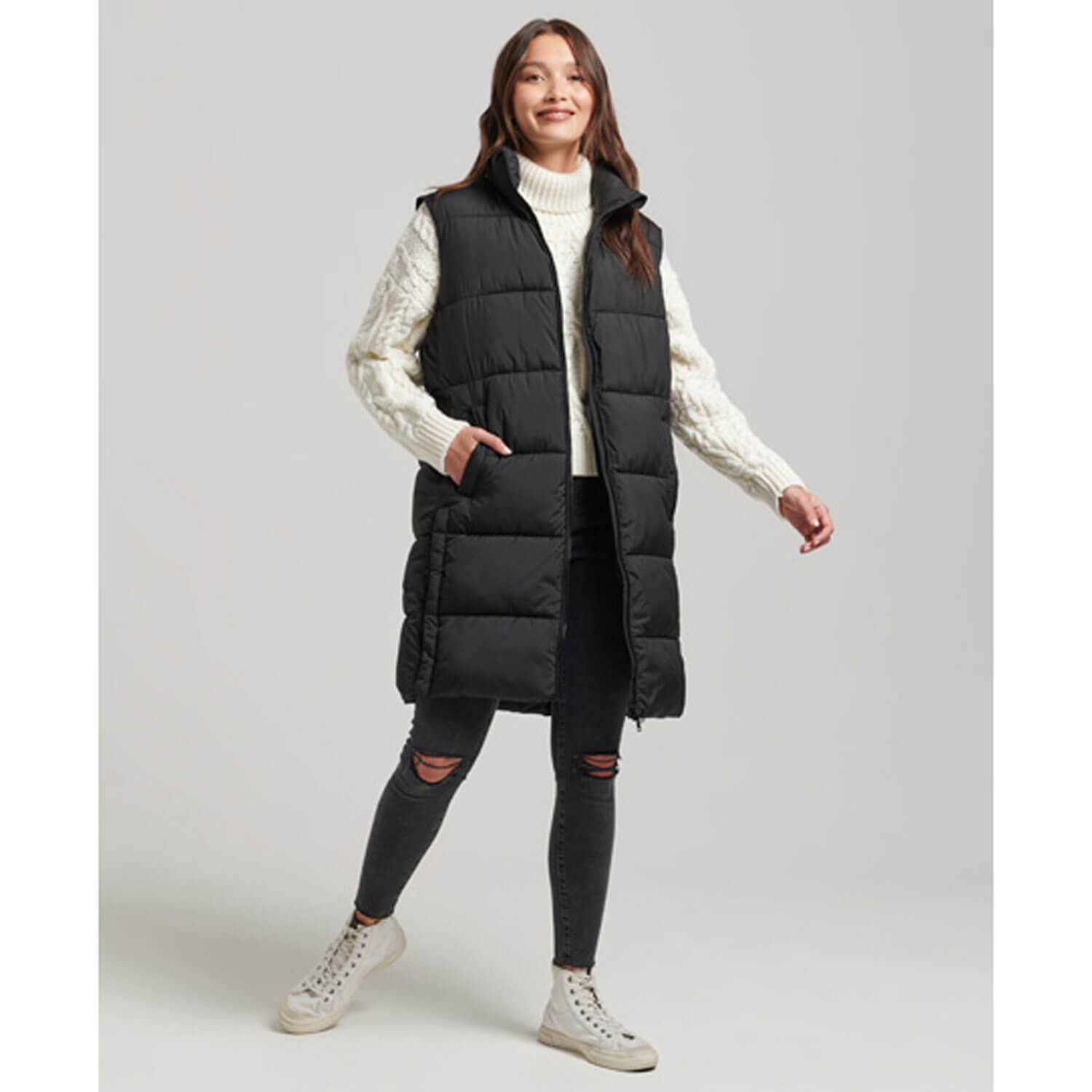 Superdry Longline Hooded Quilted Gilet - Black 1 Shaws Department Stores