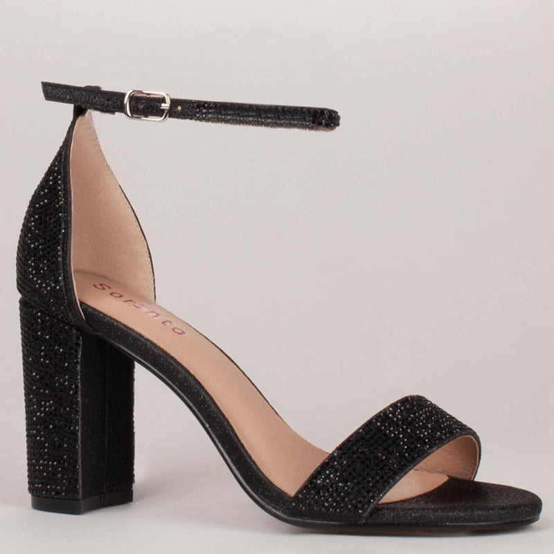 Black Rock Glitter Block Heel with Wrapped Satin Tie - Wedding Shoes,  Bridal Shoes, Bridesmaids Shoes
