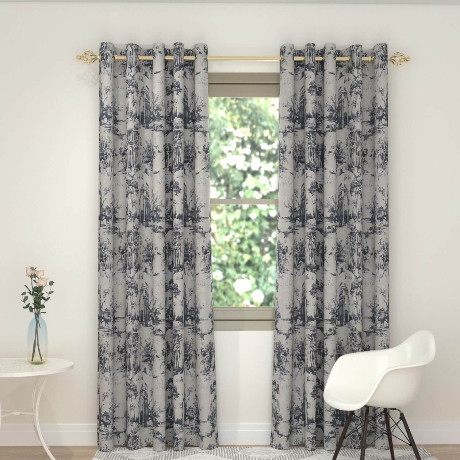 The Home Collection Toile Interlined Readymade Curtain - 90x90 - Navy 1 Shaws Department Stores